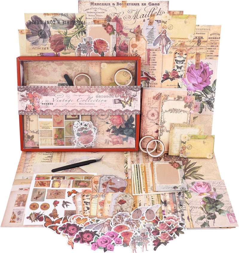 Funto Scrapbooking Kit (202 PCS), Vintage Collection-Rose Angel, Perfect for Bullet Scrapbooking Materials, Planner DIY Arts Craft Collage - Image 1